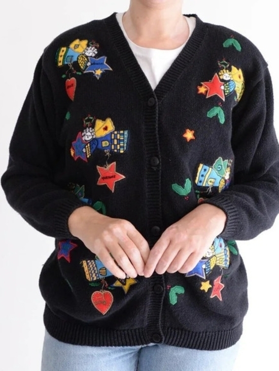 Sweaters - Black Cardigan with Colorful Embroidered Stars & Hearts